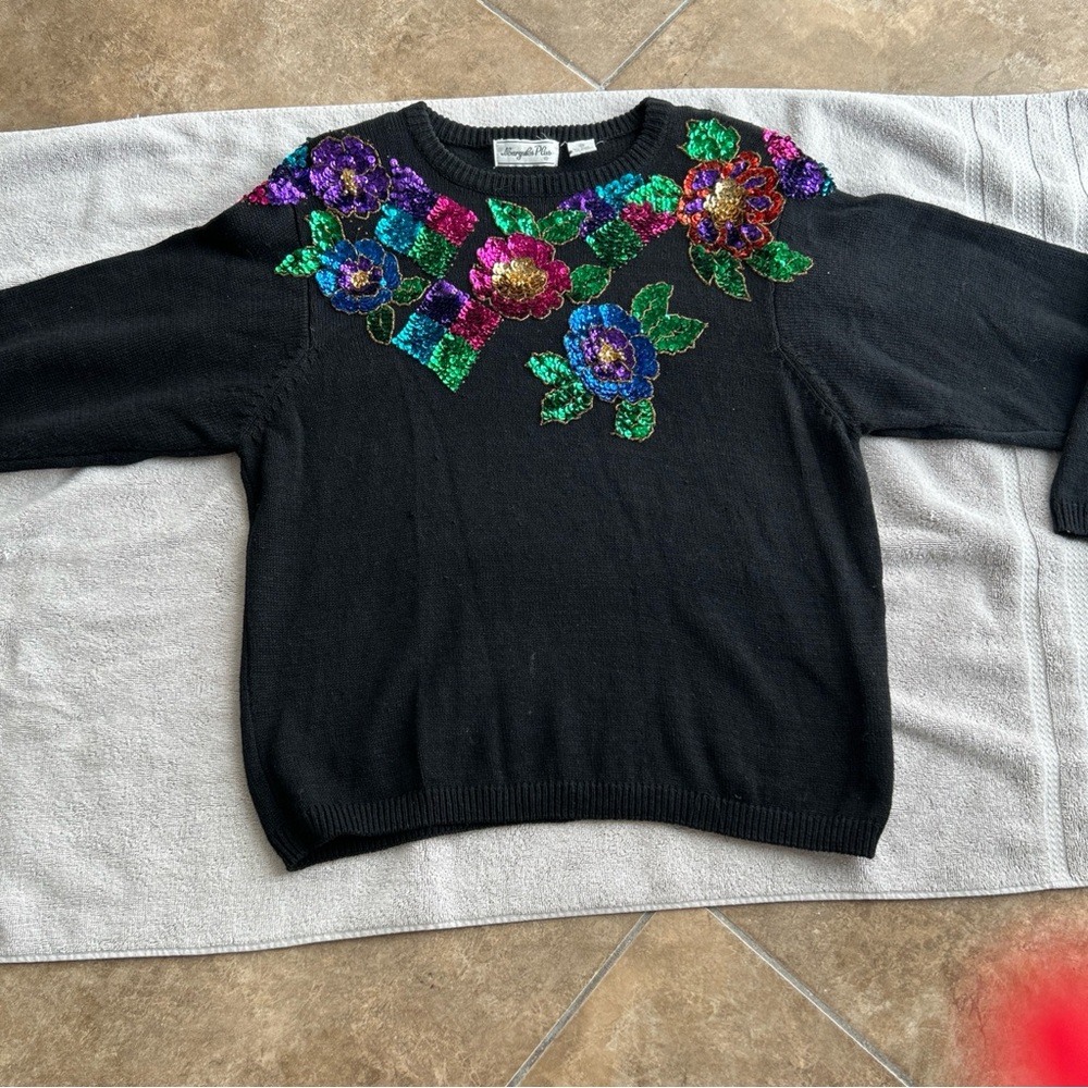 Margules Plus Sweater Women petite L Black Floral Granny Vintage Sequins
